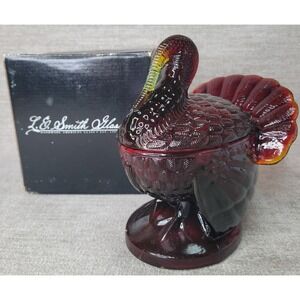 LE Smith Amberina Glass Turkey on Nest Thanksgiving Decor VTG Lidded Jar w Box